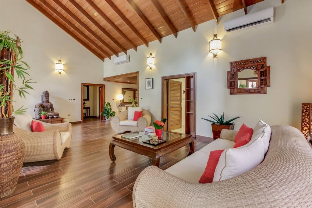 Living area with high ceilings
