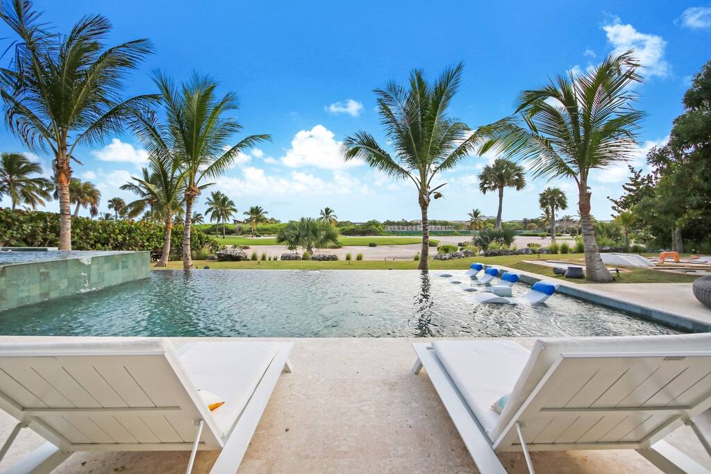 Pool area with golf course view