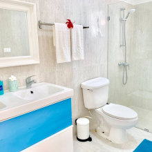 Clean bathrooms with everything you need to freshen up.