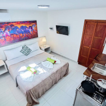 A spacious room with a cozy bathroom and little kitchen - an ideal place for your vacation